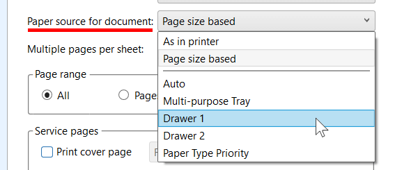Set paper source for document in Print Conductor