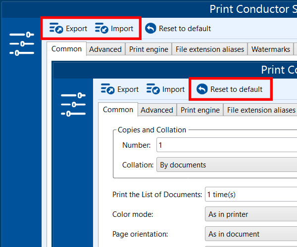 Import, export, reset to default buttons